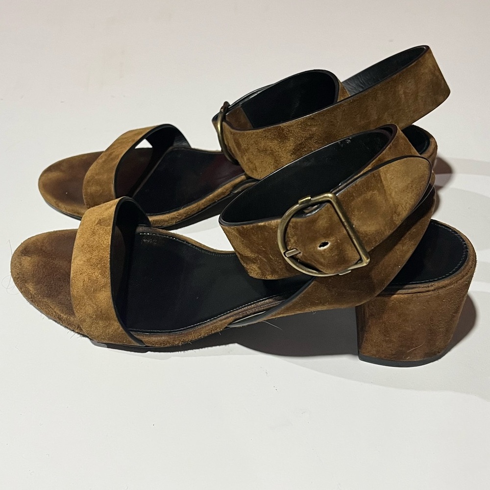 Saint Laurent oak brown suede sandal, cross over ankle strap w/buckle size 38.5
